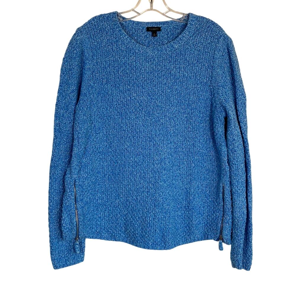 Talbots Sz L Chunky Moss Knit Crewneck Sweater Side Zippers Marled Blue Cotton